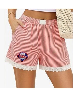 Phillies Red Striped Women's Shorts with Lace Trim